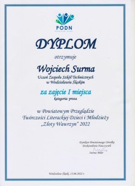 Dyplom Wojciecha Surma