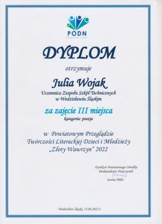 Dyplom Julii Wojak